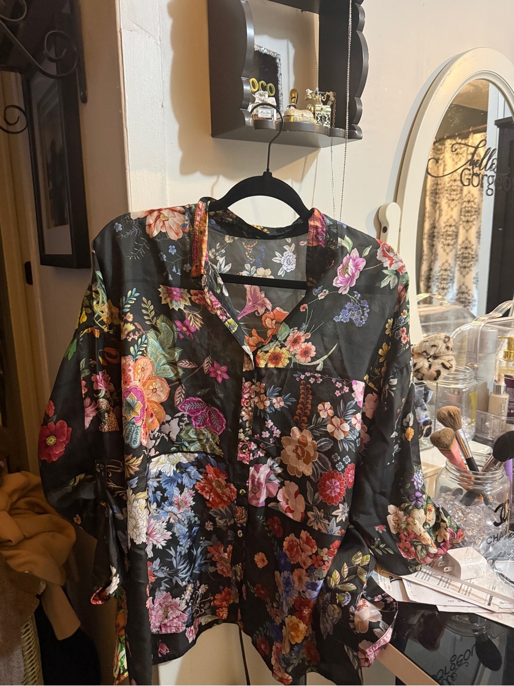 Johnny Was Small Floral Satin Button-Up Shirt - Black Multicolor
